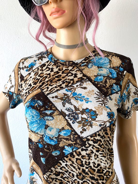 Y2K Mesh Fitted Top Mixed Print Leopard Cheetah B… - image 3