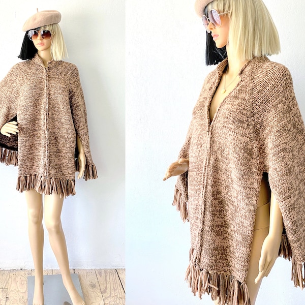 Vintage Knit Poncho Cape | Poncho With Fringe | Zip Up Poncho | Sweater Poncho | Earthy Sweater | Hippie Sweater | Boho Chic Poncho | OS