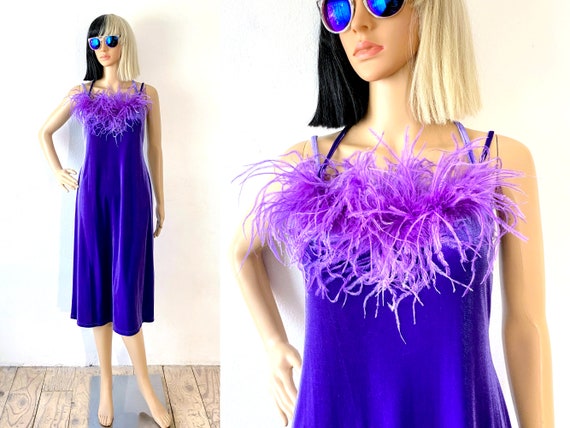 Stretch Velvet Slip Dress | Feather Boa Dress | F… - image 1