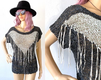 Vintage Leather Fringe Top Woven Suede Blouse Grunge Fashion Shabby Chic Punk Rock Hipster Blouse Bohemian Top Artisan Fashion 70s 80s  S M