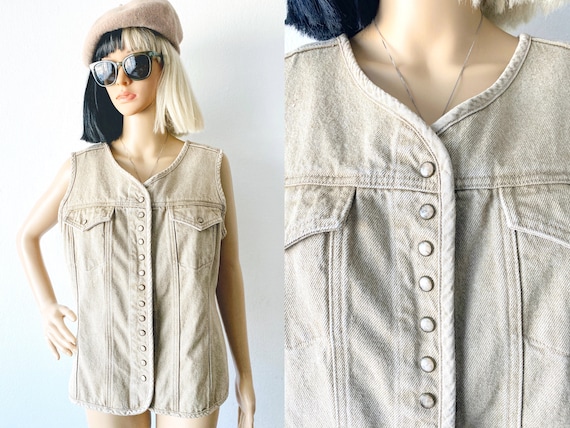 Vintage Denim Vest | Beige Vest | Tan Vest | Khak… - image 1