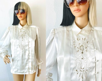 Vintage Silky Blouse | Dressy Blouse | Cream Top | Ivory Top | Cut Out Blouse | Eyelet Blouse | Fancy Blouse | Pleated Blouse | Cocktail Top