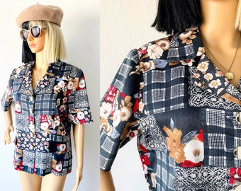 Vintage Mixed Print Top | Patchwork Print Top | Indie Blouse | Hipster Blouse | Grunge Blouse | Granny Chic Top | Momcore | Casual Top L XL