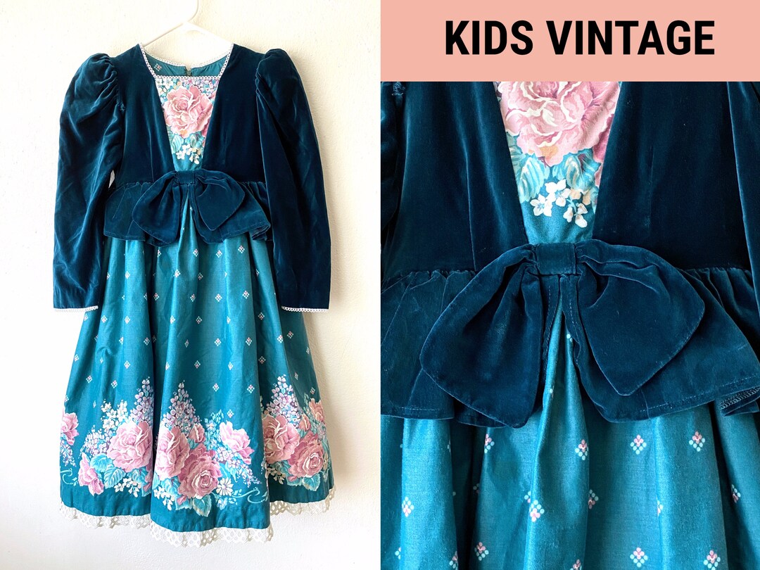 Vintage DAISY KINGDOM Dress Girls Velvet Floral Petticoat Dress Girls