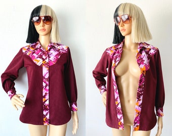 Vintage Polyester Button Up | Abstract Blouse | Groovy Blouse | Disco Blouse | Lightweight Jacket | Mod Top | Funky Top | Hipster Top | XS S
