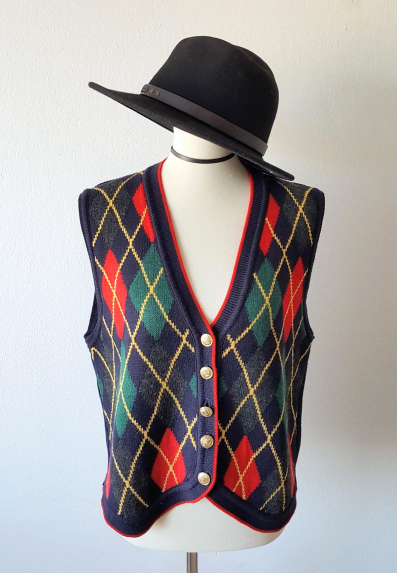 Vintage 90s Sweater Vest NORTON MCNAUGHTON Argyle Sweater Plaid Vest Preppy Sweater Button Up Vest Gold Button Hipster Indie Medium Large