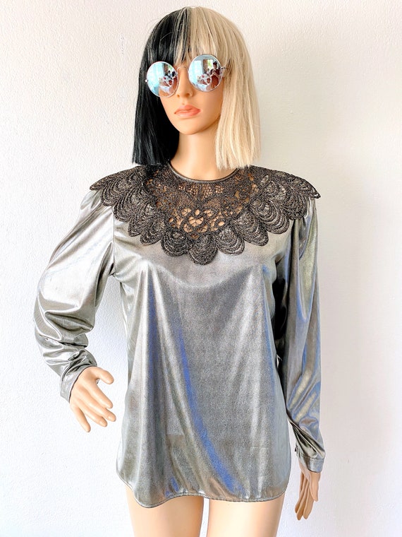 Cuello de encaje de blusa metalica Blusa brillante Blusa glam Blusa plateada Blusa de fantasia Top brillante Disco Top Blusa de coctel SML Etsy Espana
