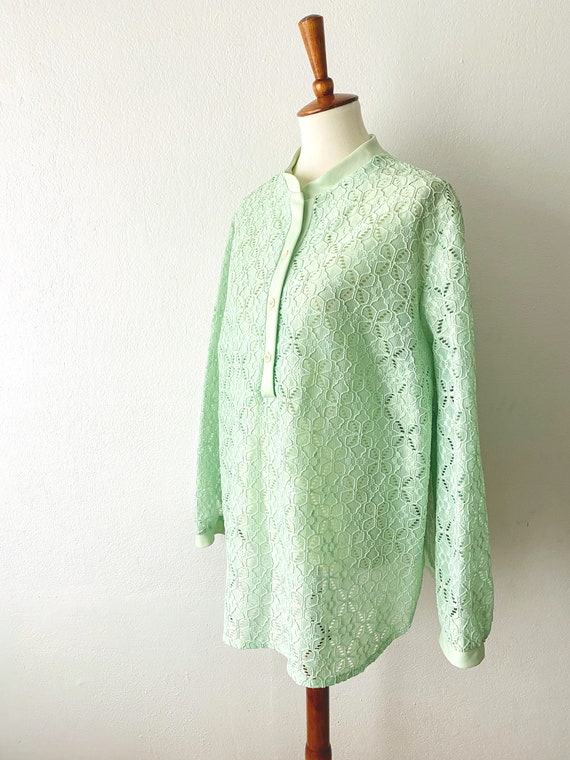 Vintage 70s Lace Top | XL Mint Green Blouse | Eye… - image 5