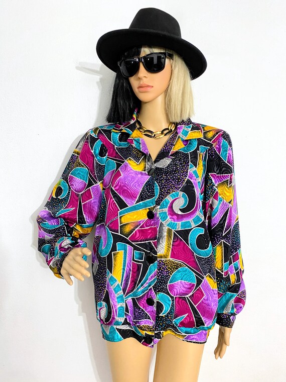 Vintage 90s Colorful Jacket | Silky Jacket | Boxy… - image 2