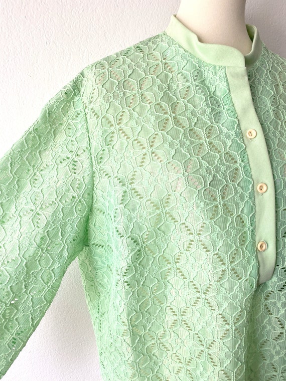 Vintage 70s Lace Top | XL Mint Green Blouse | Eye… - image 8