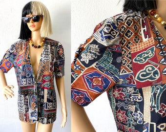 90er Jahre Abstrakte Rayon Hütte | Vintage Boho Kurzarm Blazer (L)