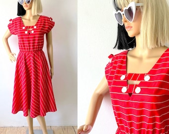 Vintage 80s Red Dress | Pinstripe Dress | Summer Dress | Cut Out Dress | Dress With Decorative Buttons | Cap Sleeve Dress | Retro Dress XS