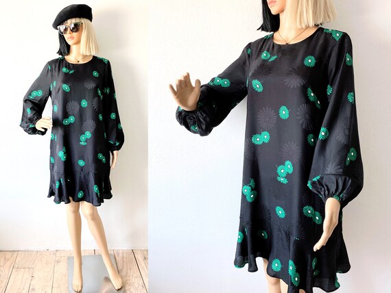 ANN TAYLOR Black Floral Dress | Balloon Sleeve Shift Dress, Ruffled Hem