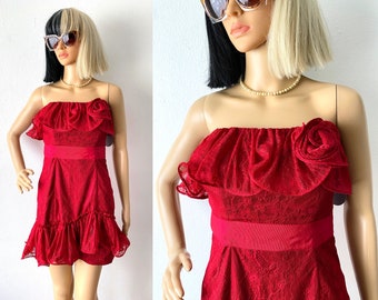 strapless side hollow feather red mini party dress Loragal Strapless Sequin Patchwork Feather Hem Party Mini Dresses-Red Red-S