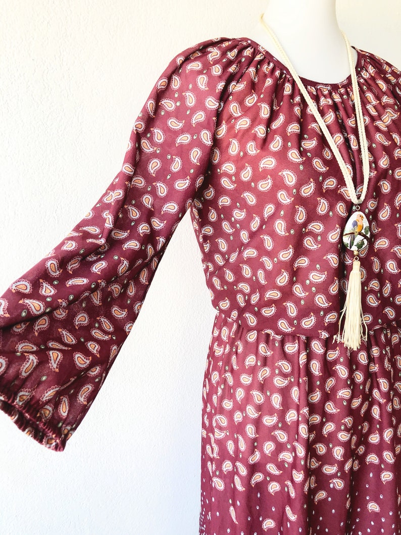 Vintage 70s Paisley Dress Elastic Waist Dress Sheer Peasant Dress Hippie Midi Dress Romantic Dress Maroon Boho Dress Gathered Bodice S M