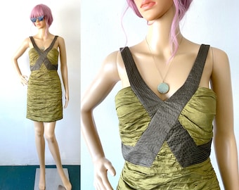 BCBG Max Azria Olive Green Taffeta Ruched Mini Dress, Open Back