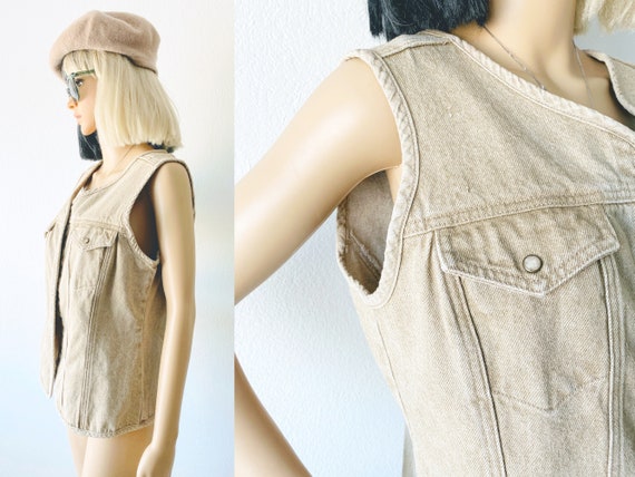 Vintage Denim Vest | Beige Vest | Tan Vest | Khak… - image 7