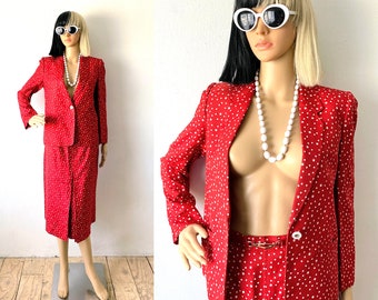 Roter Polkadot-Rock-Anzug | Vintage Blazer & Bleistiftrock