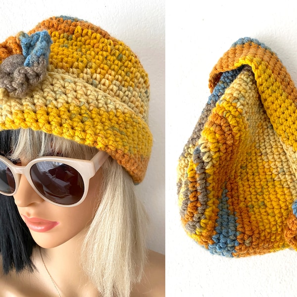 Ombre Crochet Winter Beanie with Crochet Flower | Handmade Knit Hat | Gift for Her | Colorful Beanie | Hippie Hat | Multi-colored Beanie