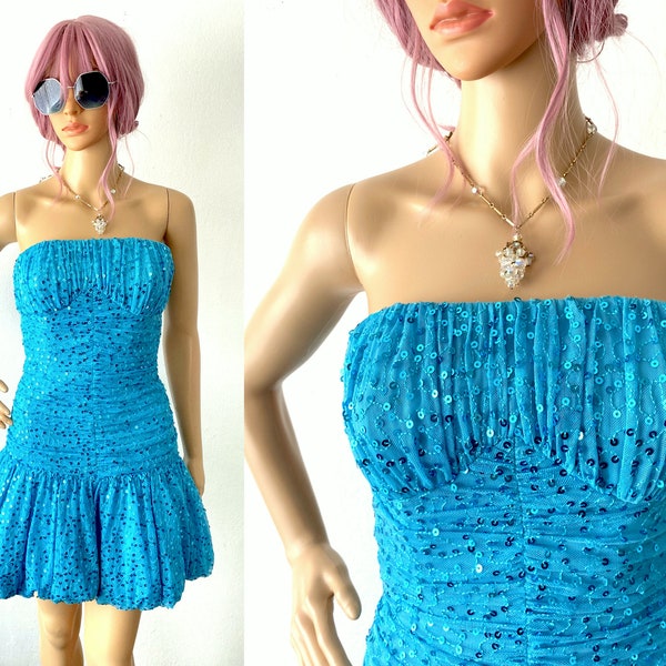 Vintage Prom Mini-Dress Sequin Party Dress BETSEY JOHNSON Bubble Skirt Aqua Turquoise Strapless Dress Micro-Mini Mermaid Core Pouf Skirt XS