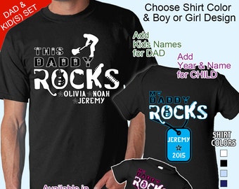 Dad & Child matching set: This Daddy Rocks and My Daddy Rocks - Personalized w/ Kids Names for Dad / Name and Year for child. 8 Colors!