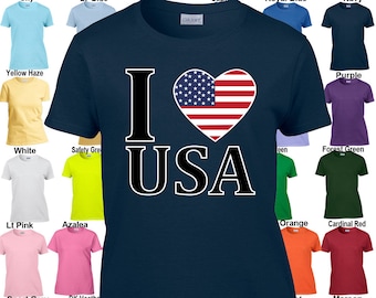 I Heart (Shaped Flag) USA - Patriotic - 4th of July - America - Classic Fit Ladies' T-Shirt XS-3XL in 21 colors