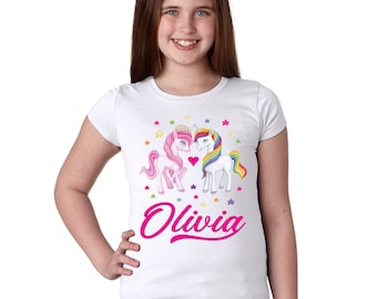 Einhorn-t-shirt mit Namen - personalisiert Girls' Princess T-Shirt Jugend Größen XS - XL, Regenbogen, Sterne, Herzen