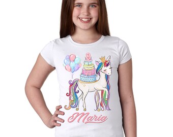 Unicorn Birthday T-Shirt Personalized with Name and Age - Girls' Princess T-Shirt Youth sizes XS - XL, birthday cake, rainbow, balloons