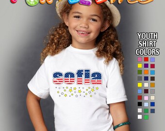 Personalized Name with Flag and Stars design - Memorial Day / 4th of July -  Patriotic - T-Shirt - Girls - Youth