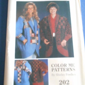 May include: A pattern for a bubble wrap jacket, featuring two women wearing the jackets. The jackets are blue and red with checkered and patchwork designs. The pattern is from Color Me Patterns, number 202.