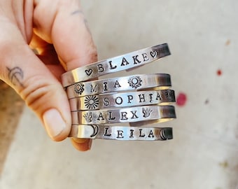 Hand Stamped Metal Cuff Bracelet | Personalized Matching Names | BFF | Team | Group | Anniversary Date | Wedding Party | Bridal Party