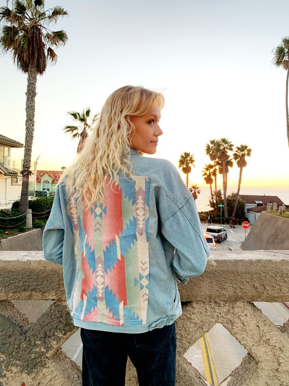 Western Pastel Patch Denim Jacket Upcycled Jean Jacket -  UK