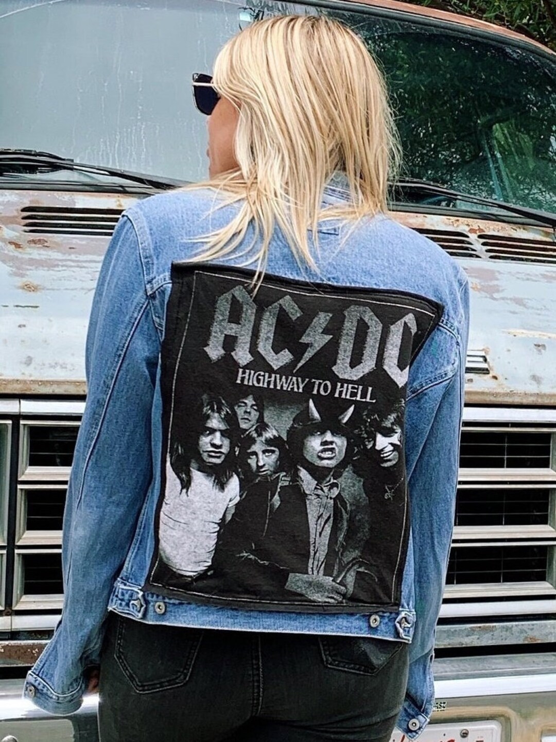 AC/DC Denim Jacket Distressed Denim Up-cycled Band T-shirt Vintage ...