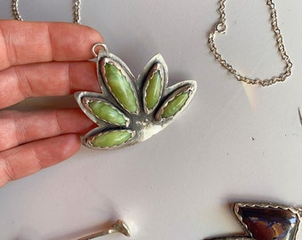 Marijuana Hemp Pot Leaf | Bright Green Jade Necklace Pendant | Handmade Sterling Silver Jewelry