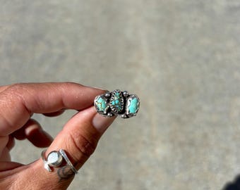 Turquoise Triplet Ring | Handmade Stone and Sterling Silver Ring | Southwest Boho Jewelry | Size 6.75 | December Birthstone