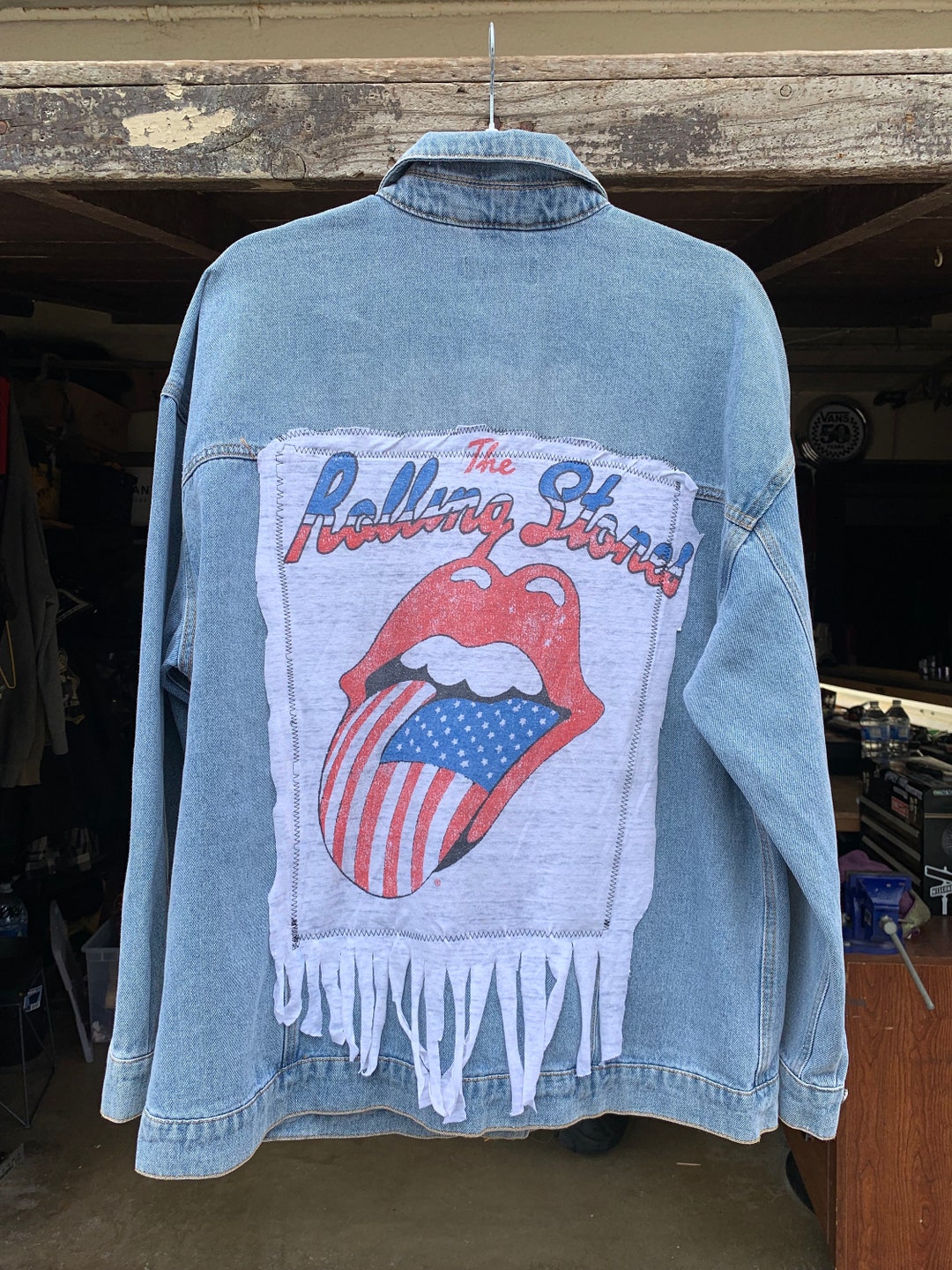 The Rolling Stones Denim Jacket Distressed Denim Up-cycled - Etsy