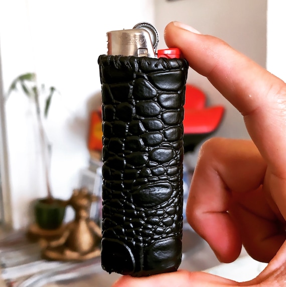 Hand Sewn Faux Leather Black Alligator Lighter Case