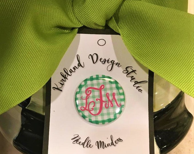 New! Green Gingham & Pink Monogrammed Needle Minder Magnet for You, Your stitching Group, Class, Retreat, etc.--Great Gift/Stocking Stuffer!