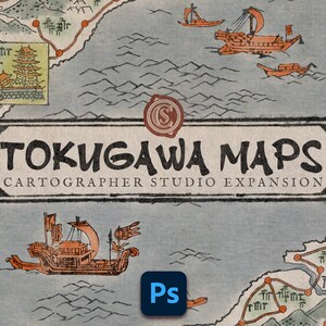 May include: A vintage-style map with a blue and white background. The map features a stylized Japanese landscape with mountains, rivers, and islands. The text "TOKUGAWA MAPS CARTOGRAPHER STUDIO EXPANSION" is printed in black on a white banner.
