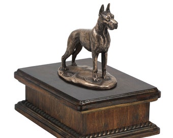 Exclusive Urn for dog’s ashes with a Great Dane cropped statue, ART-DOG. New model Cremation box, Custom urn.