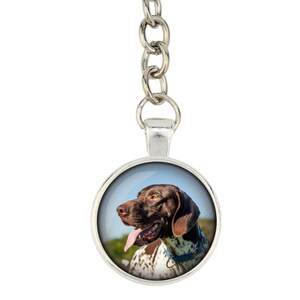May include: A silver keyring with a round glass charm featuring a brown and white German Shorthaired Pointer dog with its tongue sticking out.
