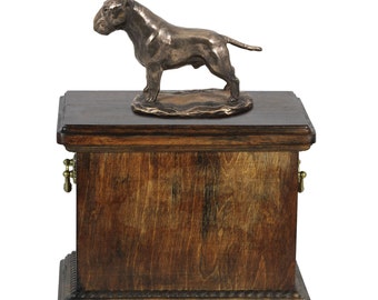 Urn for dog’s ashes with a Bull Terrier cropped statue, ART-DOG Cremation box, Custom urn.