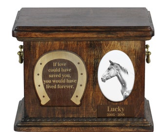 Urn for horse ashes with ceramic plate and sentence - Akhal-Teke, ART-DOG. Cremation box, Custom urn.