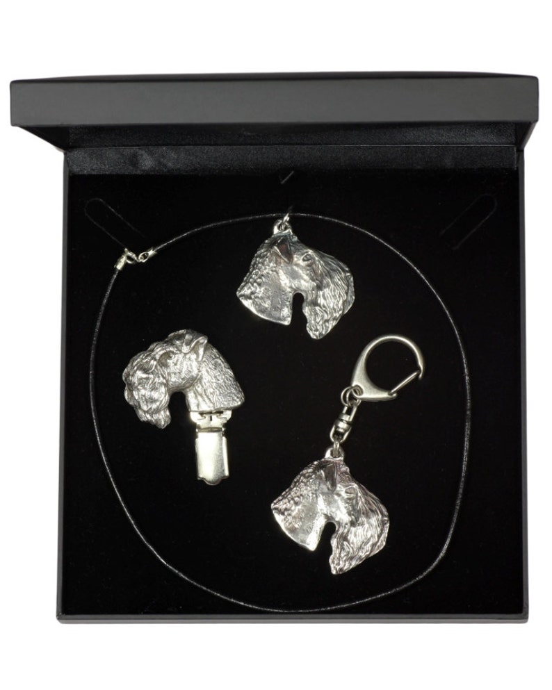 NEW Kerry Blue Terrier DELUXE set necklace and clipring in casket limited edition dog keyring Dog keyring for dog lovers ArtDog