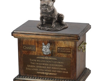 French Bulldog sitting - Exclusive Urn for dog ashes with a statue, relief and inscription. ART-DOG. Cremation box, Custom urn.