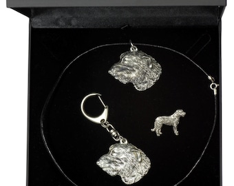 NEW, Irish Wolfhound, dog keyring, necklace and pin in casket, DELUXE set, limited edition, ArtDog . Dog keyring for dog lovers