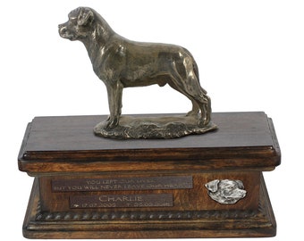 Exclusive Urn for dog ashes with a Rottweiler statue, relief and inscription. ART-DOG. New model. Cremation box, Custom urn.