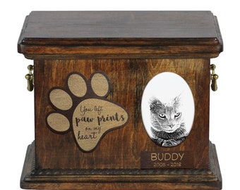 Urn for cat ashes with ceramic plate and sentence - Chartreux, ART-DOG Cremation box, Custom urn.