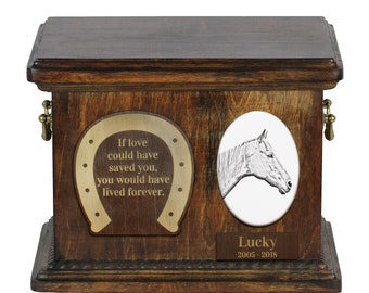 Urn for horse ashes with ceramic plate and sentence - Retired Race Horse, ART-DOG. Cremation box, Custom urn.