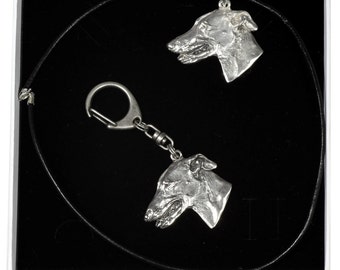 NEW, Grey Hound, English Greyhound, dog keyring and necklace in casket, ELEGANCE set, limited edition, ArtDog . Dog keyring for dog lovers